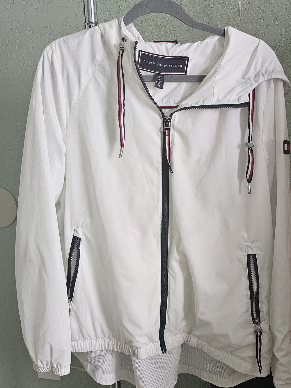 Tommy Hilfiger White Hooded Windbreaker with Navy Trim